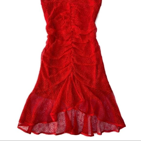 Red Ruched Appliquéd Strappy Vneck Dress with Criss Cross Back - Picture 5 of 11